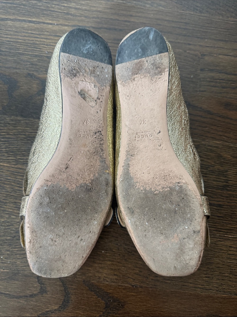 Gucci Marmont Metallic Gold Leather Fringe Ballet Flats GG Logo Size 37 - Picture 6 of 9